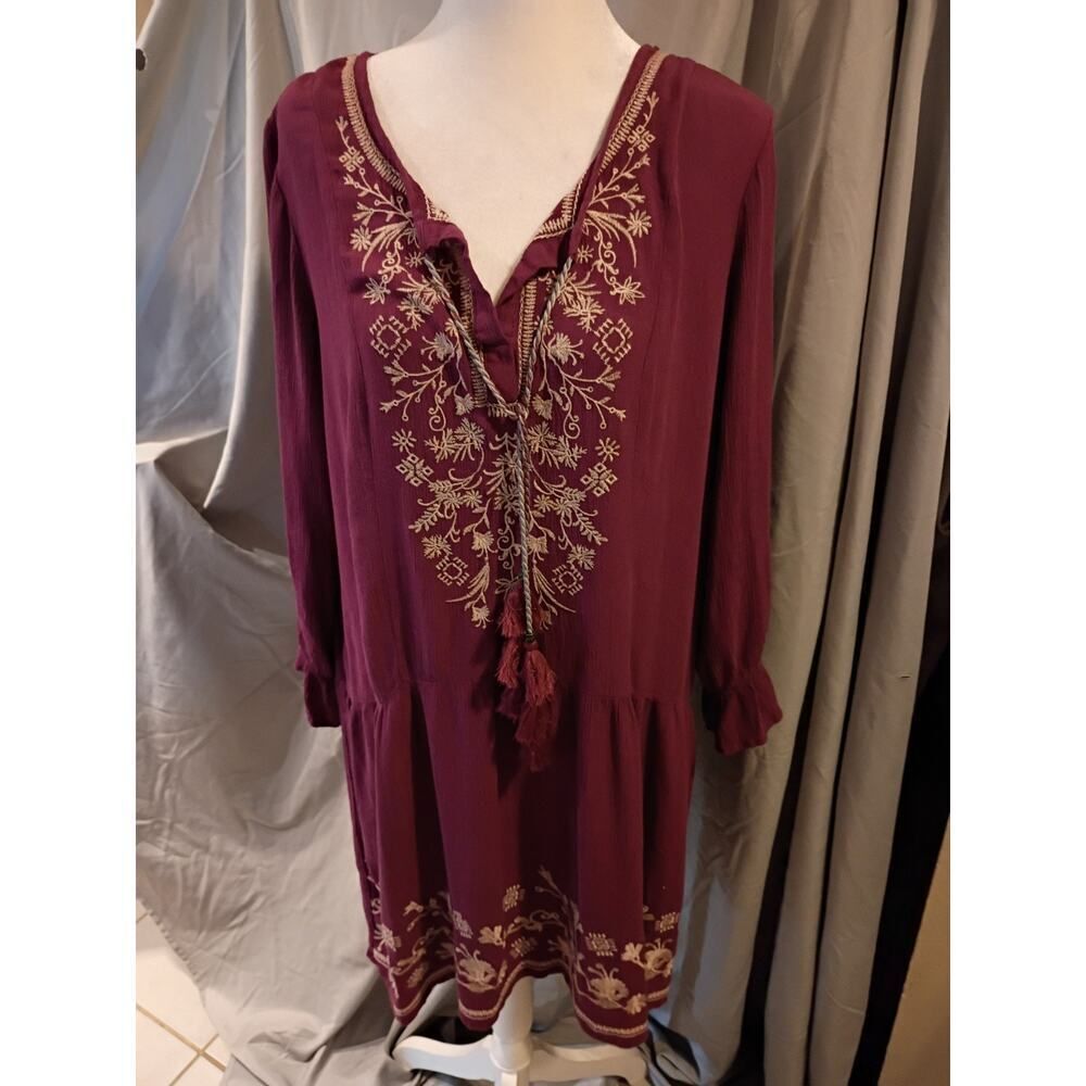 Knox Rose Dress Tie Neck Maroon Floral Embroidery Lace Back XXL Boho Festival
